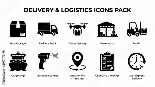 Delivery logistics icons set featuring shipping trucks warehouse drones and cargo ships in a minimalist flat vector on white background