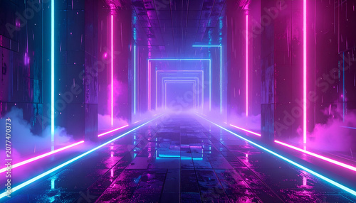 Futuristic Neon Tunnel with Smoke and Reflections.