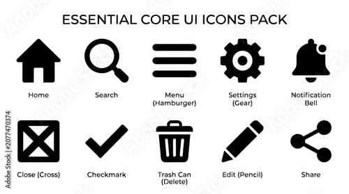 Essential core UI icons pack featuring various basic interface navigation symbols for web and mobile application design on white background