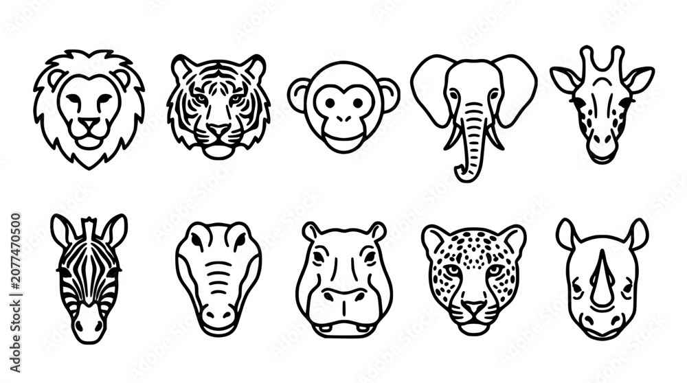 Obraz premium Animal Face Icon Set with Bold Line Art, Featuring Lion, Tiger, Bear, Elephant, and Giraffe Heads in a Clean Layout