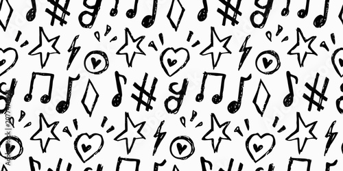 Schilderij op canvas Musical notes stars and hearts black and white vector pattern