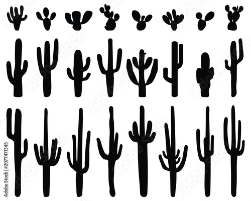 Black silhouettes of various cactus in different shapes