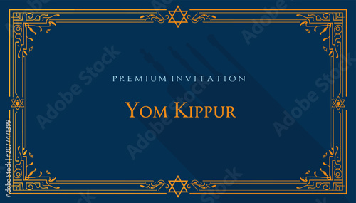 Photos Elegant Premium Invitation for Yom Kippur, the Day of Atonement, featuring a Star of David motif and ornate border on a deep blue background