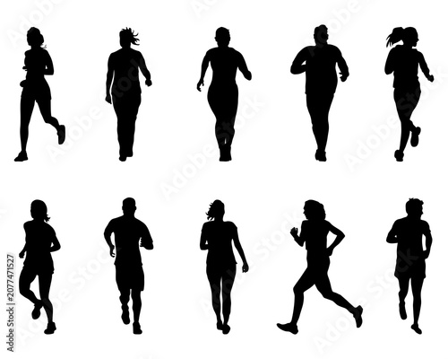 Black silhouettes of men and women in various running and jogging poses 