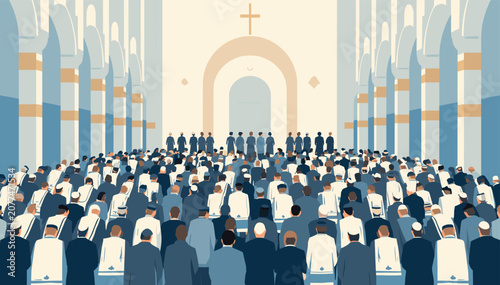 Canvastavla A large congregation of people gathered inside a grand church, facing the altar with a cross