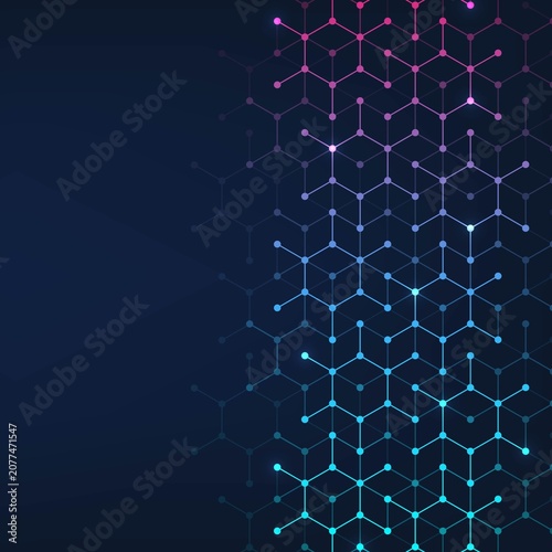 Health care or medical abstract background with hexagons, lines and dots. Scientific innovation banner template concept. Biology and pharmaceutical technology background. illustration.