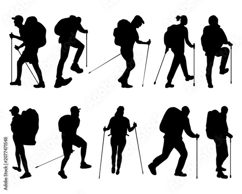 Set of silhouettes of hikers and travelers in various poses 