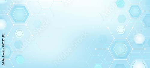 Health care or medical abstract background with hexagons, lines and dots. Scientific innovation banner template concept. Biology and pharmaceutical technology background. illustration.