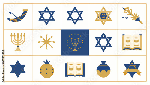 Bilde på lerret Collection of Jewish cultural and religious symbols presented in a grid layout with blue and gold colors