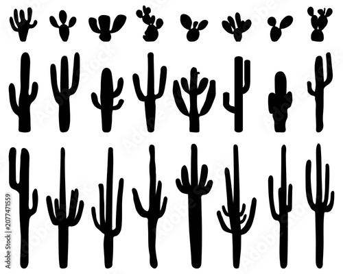 Black silhouettes of various cactus in different shapes