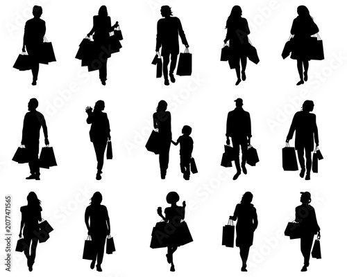 Black silhouettes of people shopping with bags