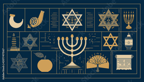 Schilderij op canvas A visually rich collage of Jewish symbols and iconography, presented in a grid format against a deep blue background