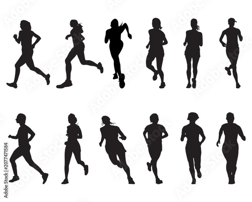 Black silhouettes of men and women in various running and jogging poses 