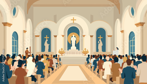 Tableau sur toile A large congregation gathers inside a grand church for a religious service, with a statue of a religious figure at the altar