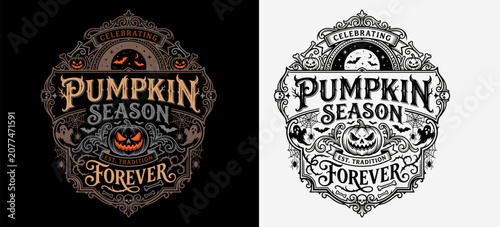 Canvastavla Vintage halloween pumpkin season emblem with flourishes and jack o' lantern illu