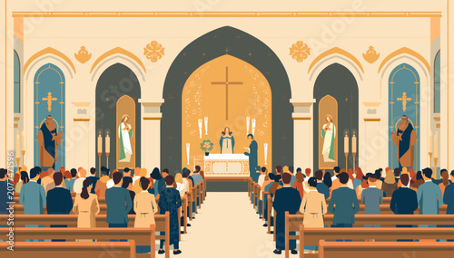 Tableau sur toile A vibrant illustration of a Christian church service with a congregation gathered in pews, facing the altar where a priest officiates