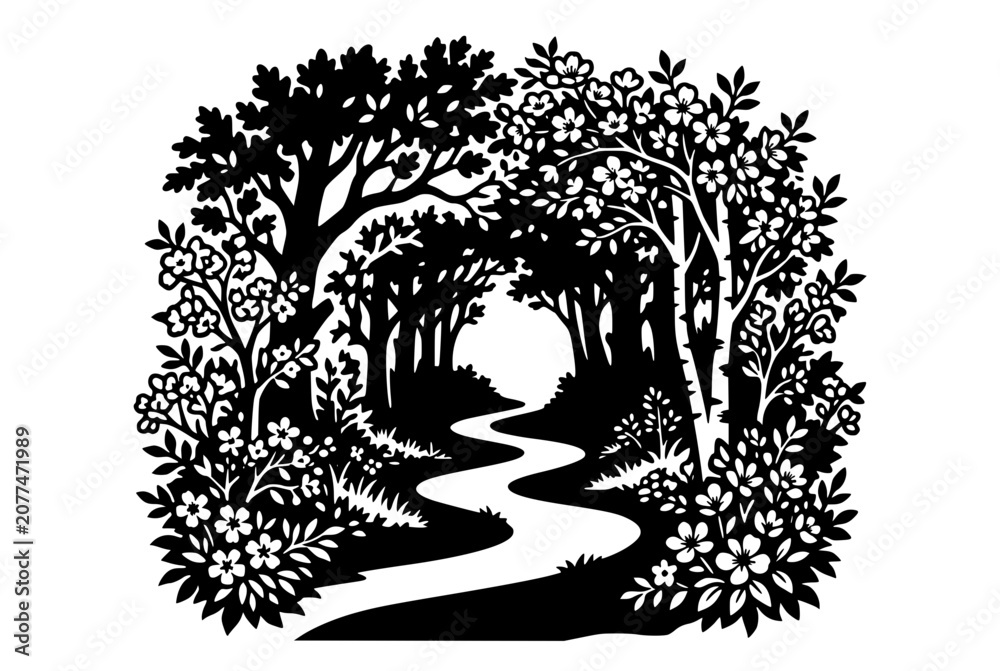 Fototapeta premium Black and white silhouette of a winding path through a blooming forest