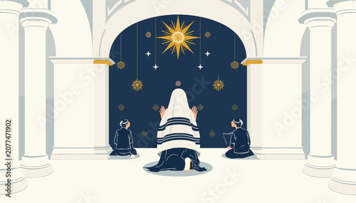 Foto A person in a tallit bowing in prayer within an arched hall, with two other figures sitting, under a starry sky motif