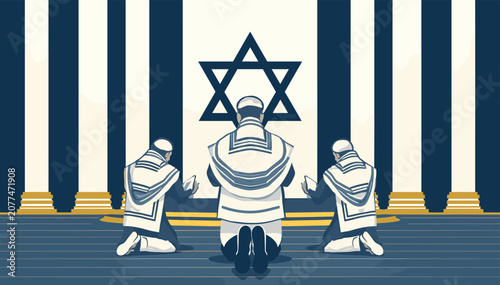 Foto Three Jewish men kneeling in prayer before a large Star of David symbol, depicting a scene of worship and devotion