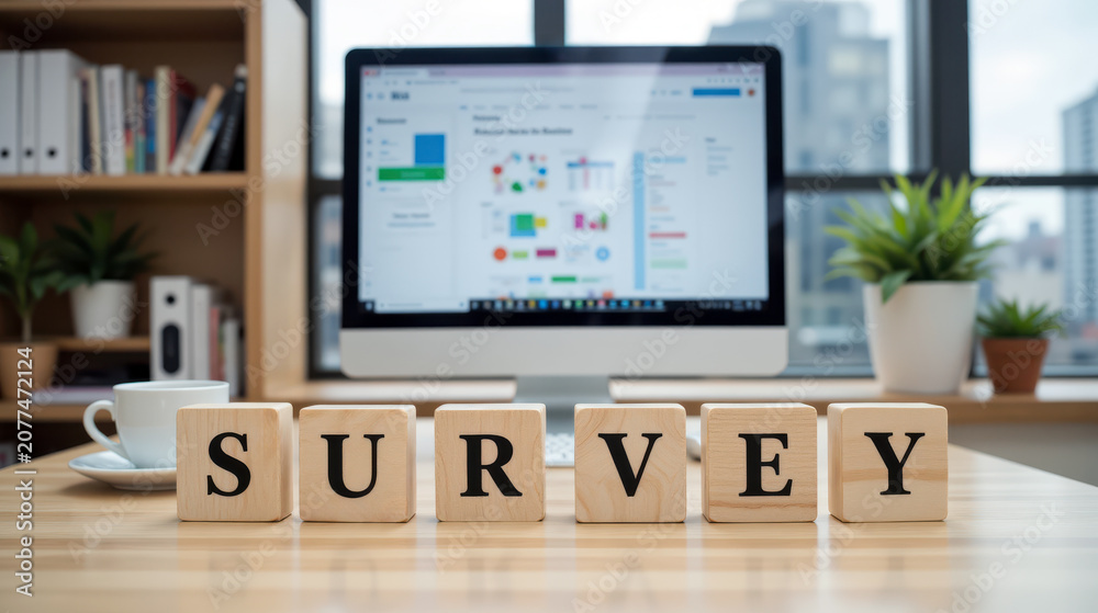 Fototapeta premium Survey research for public opinion, employee experience and market insight, helping organizations collect feedback, measure satisfaction and understand audience needs through questions
