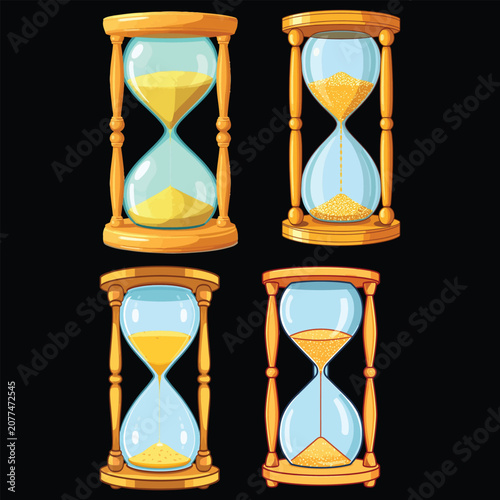 Vintage Hourglass Sand Timer Bundle With Detailed Wooden Frame And Transparent Glass Vector Graphic Collection
