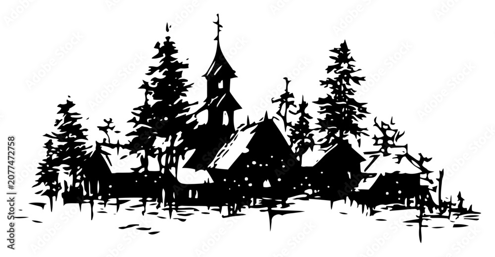 Naklejka premium Snowy winter village landscape with church and houses vector, hand drawn linocut style rural countryside scene, forest trees illustration