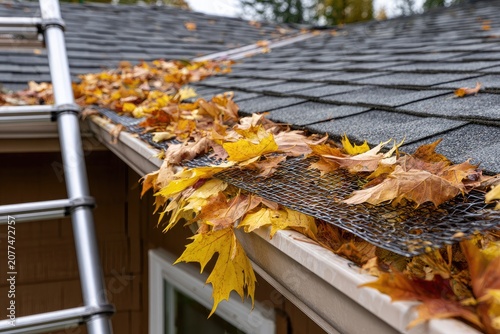 Autumn leaves clog gutter guard, a ladder nearby suggests clearing is needed