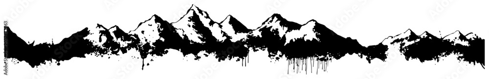 Obraz premium Mountain range silhouette with grungy ink drips vector illustration, alpine peaks panoramic border in linocut style