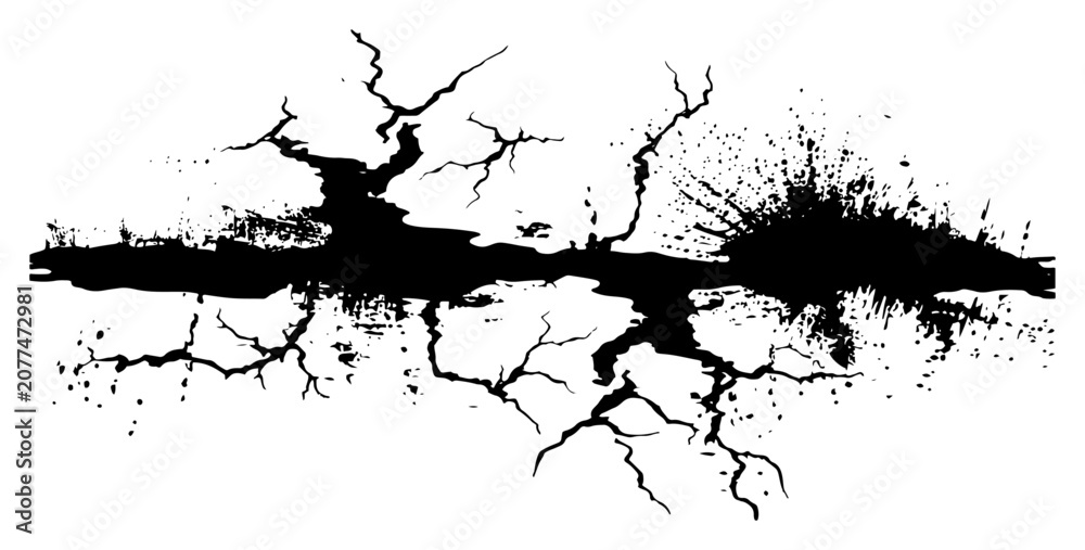 Obraz premium Large earthquake crack fissure vector illustration, horizontal grungy ink splatter and spray border, distressed broken concrete texture