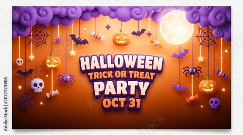 Halloween trick or treat party invitation poster with hanging pumpkins bats spiders and skulls on orange background