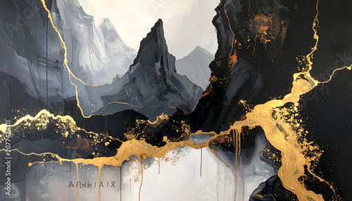 Abstract Golden Veins Flowing Through Dark Mountain Landscape Art.