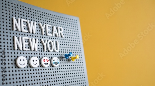 New year new you sign on a grey pegboard with colorful emojis and push pins against a yellow background