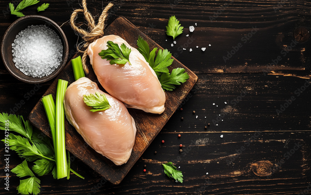 Fototapeta premium raw chicken fillets on wooden cutting board, top view