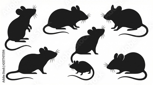 Set of black silhouettes of mice isolated on white background