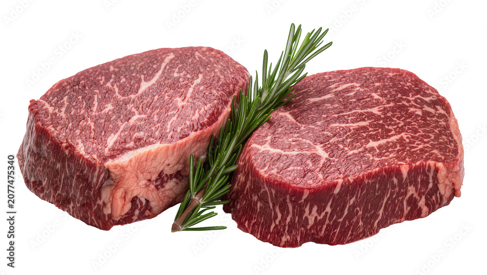 Fototapeta premium Two raw marbled beef steaks with rosemary sprig
