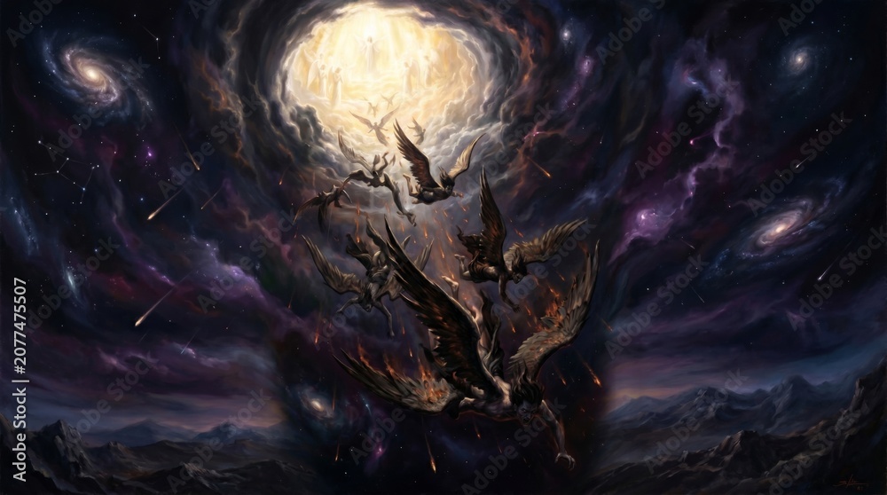 Fototapeta premium Fallen angels descending from heaven into darkness. Group of man falling with wings from bright glowing portal in starry space. Religious fantasy art scene depicting divine judgment.