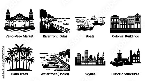 Belém Landmark Vector Icons Ver-o-Peso Market Riverfront Boats Colonial Buildings Palm Trees Waterfront Skyline Historic Structures Brazil Architecture Design Collection