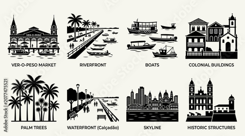 Ver-o-Peso Market Vector Icons Riverfront Boats Colonial Buildings Palm Trees Waterfront Skyline Historic Structures Brazil Architecture Design Collection