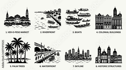 Belém Landmark Vector Icons Ver-o-Peso Market Riverfront Boats Colonial Buildings Palm Trees Waterfront Skyline Historic Structures Brazil Architecture Design Collection