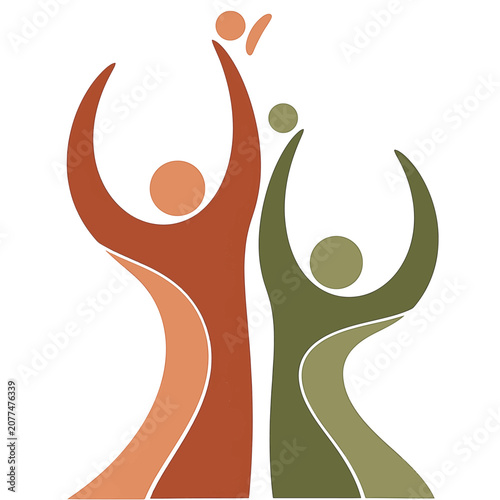 Minimalist abstract vector illustration of two stylized human figures in earthy terracotta and olive green tones with arms raised in a gesture of celebration, success and unity.