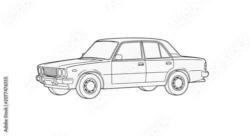 Minimalist black and white line art illustration of a vintage 1970s classic four-door sedan car shown from a three-quarter front angle isolated on a white background vector.