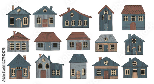 Set of 15 stylized hand-drawn folk art house illustrations featuring diverse architectural designs, textured wood grain surfaces, muted blue and grey tones, isolated on white background.