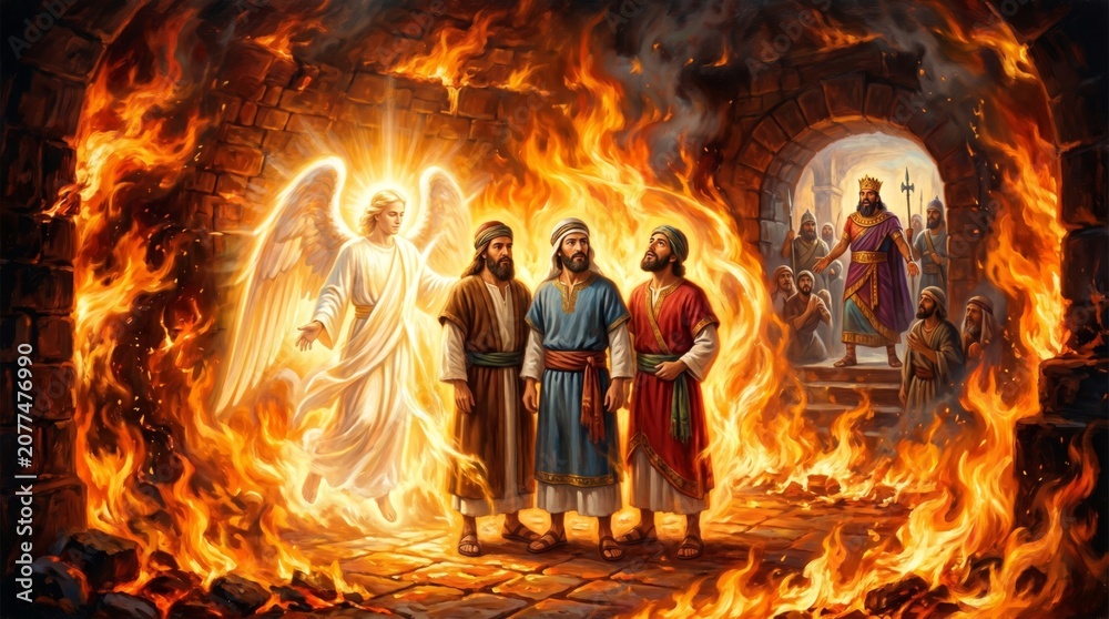 Obraz premium Angel protecting three men in a fiery furnace. Biblical scene of Shadrach, Meshach and Abednego surviving flames. Miracle from book of Daniel in Old Testament faith and religion.
