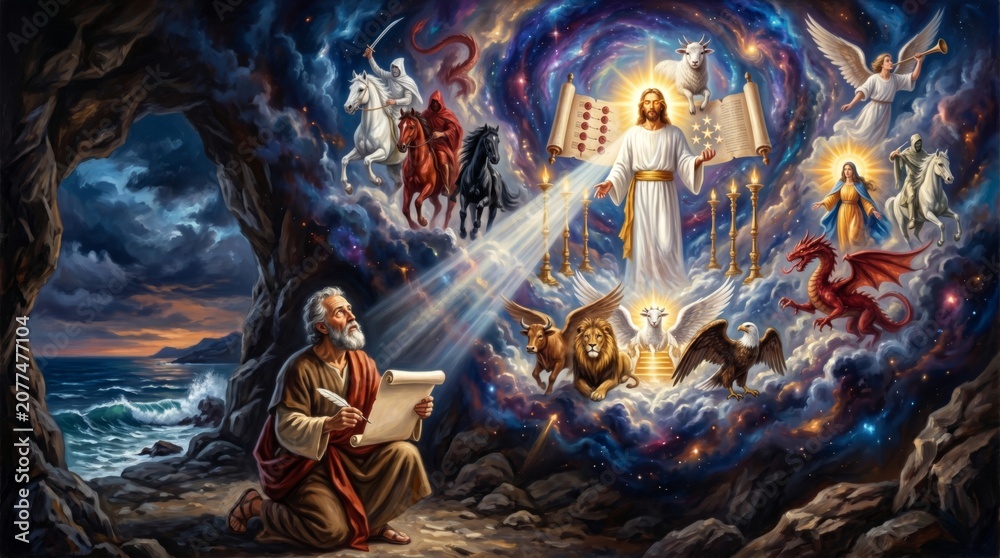 Fototapeta premium Prophet writing book of Revelation in cave vision. Jesus Christ holding scroll with seven seals surrounded by four living creatures and angel. Biblical prophecy and spiritual art concept.