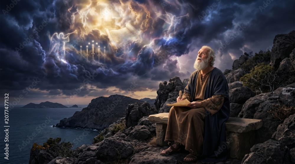 Fototapeta premium Old man prophet writing holy revelation on scroll. Vision of heaven with angels and throne in dramatic dark sky above rocky cliff. Religious scene depicting biblical inspiration.