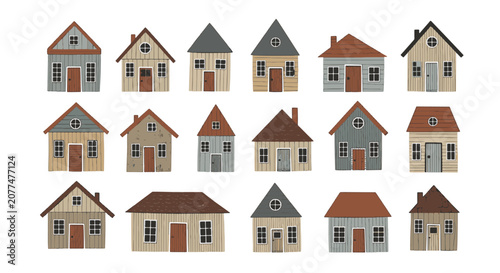 Set of fifteen handcrafted house illustrations in diverse architectural styles, featuring textured facades and earthy tones, isolated on a white background for residential design.