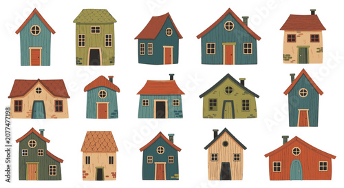 Set of 15 whimsical rustic house illustrations with wooden textures, colorful facades, gabled roofs, stone accents, and varied chimney designs isolated on a white background.