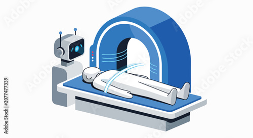 Doctor uses AI on a medical tablet to diagnose patient in MRI machine