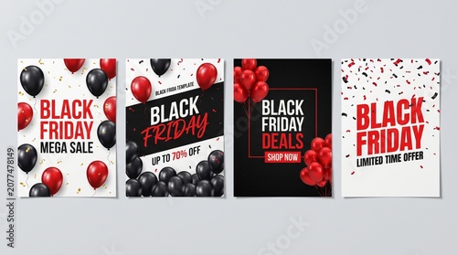 Black friday sale flyer templates set with realistic red and black balloons and confetti
