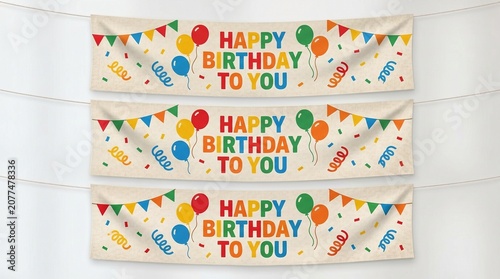 Set of three happy birthday to you banners with colorful balloons and bunting flags